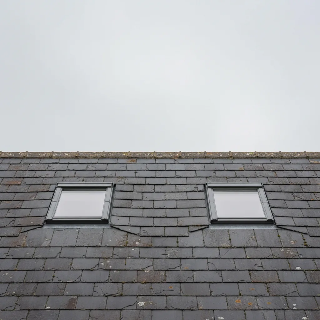 Roof window fitted into a pitched slate roof